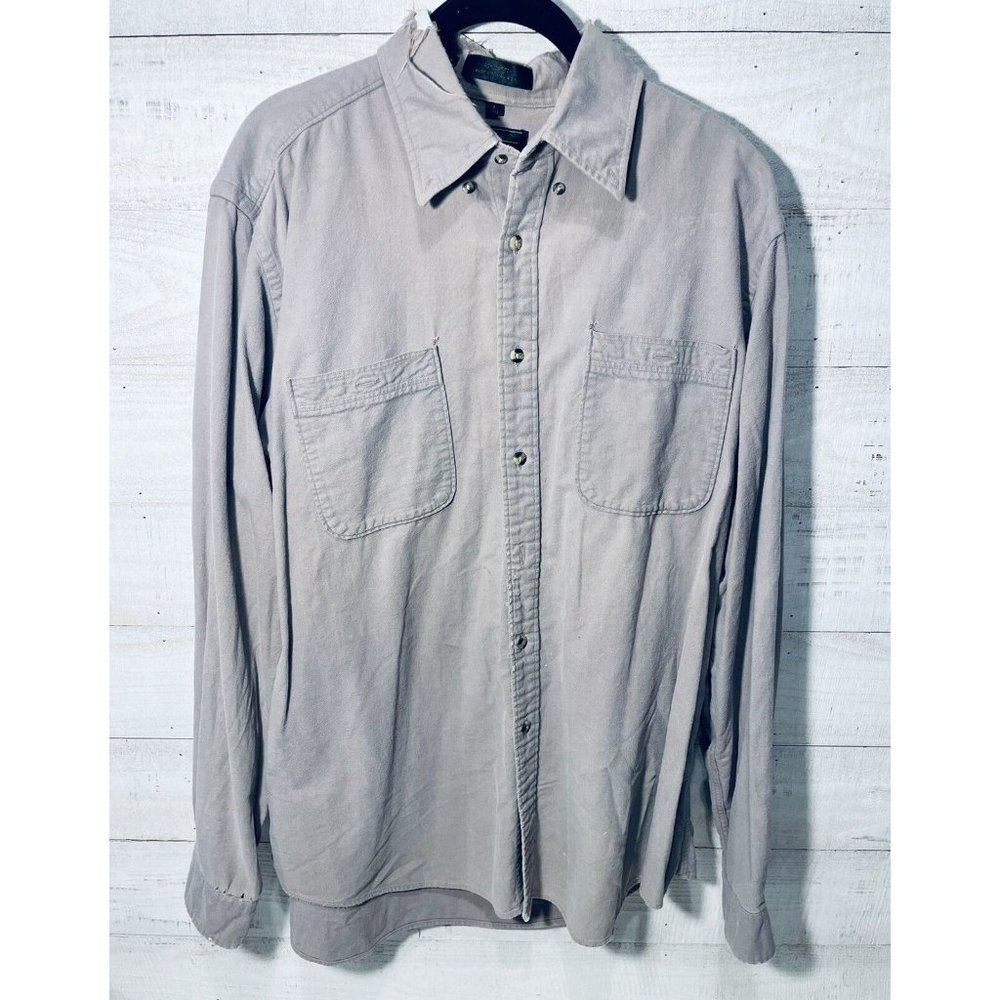 Vintage Eddie Bauer Shirt Chore Button Up Beige Outdoor USA Distressed Large